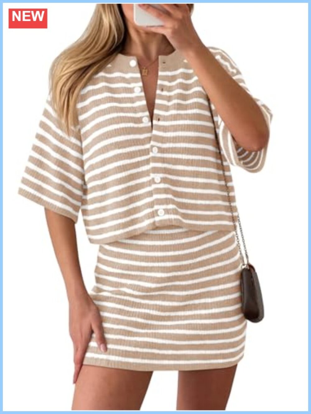 2 Piece Striped Knit Skirt Set Button Cardigan Mini Skirt Casual